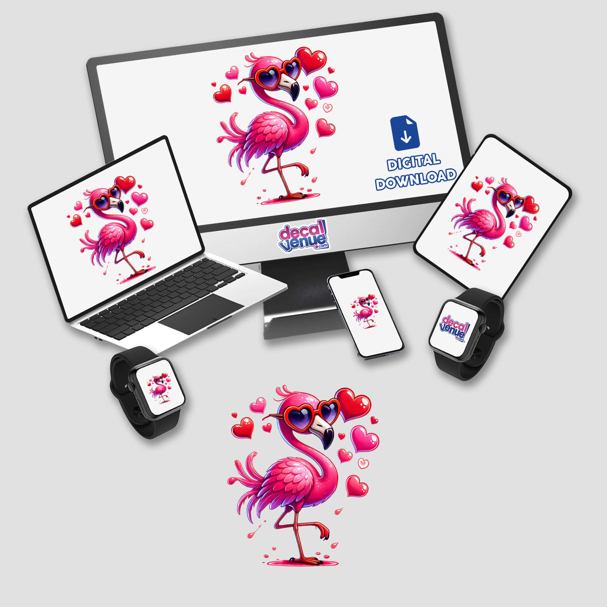 Dripping with Love Flamingo design showcases a pink flamingo with heart-shaped sunglasses, available as stickers or digital artwork, ideal for fans of unique vinyl art from Decal Venue.