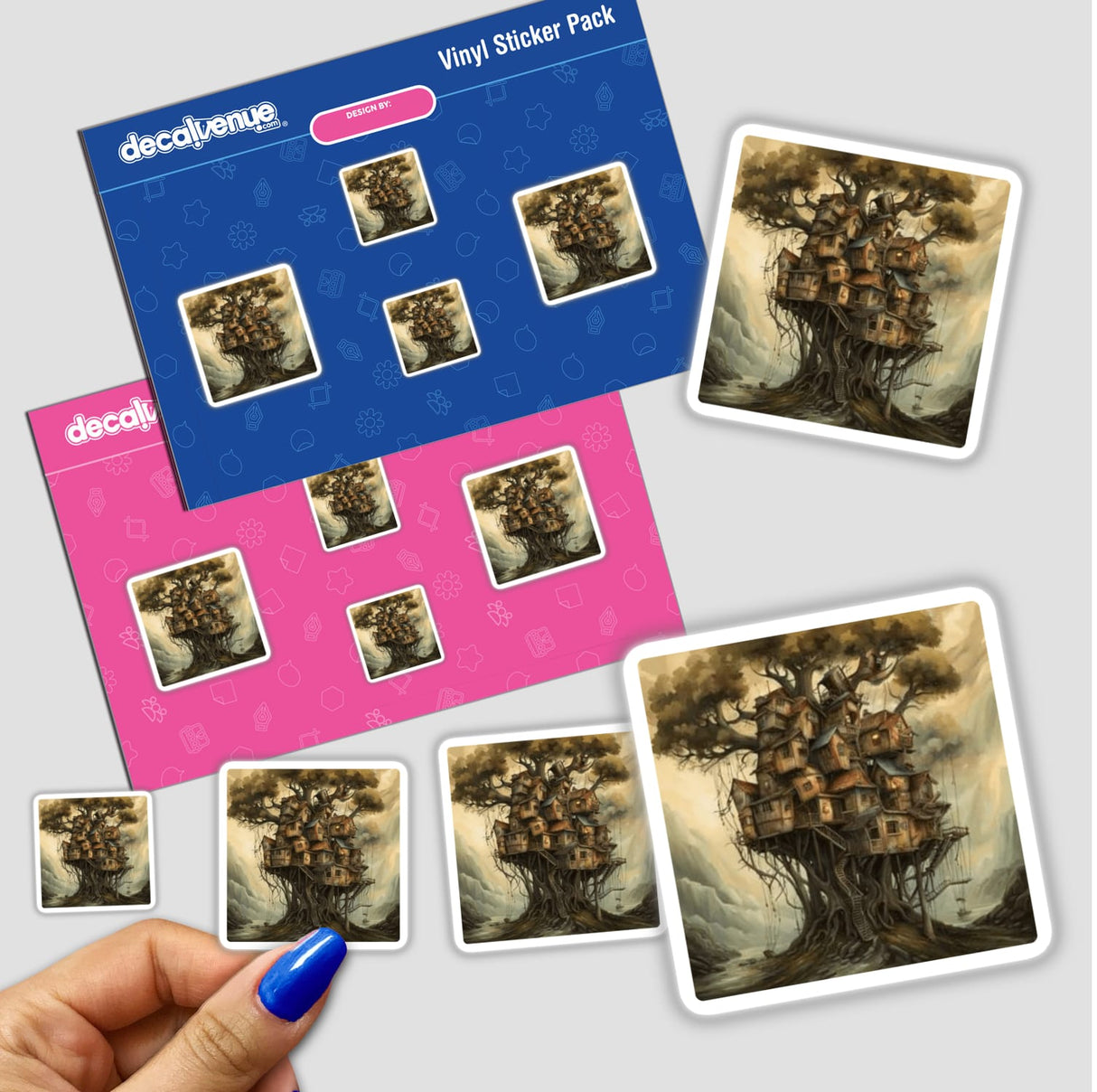 Fantasy Treehouse Collection: Sticker featuring a whimsical treehouse perched on a hill, available as both a sticker and digital artwork. Perfect for embellishing personal items or creative projects.