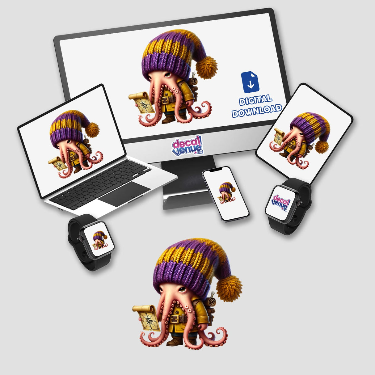 Colorful octopus gnome with treasure map in digital artwork format displayed across various electronic devices.