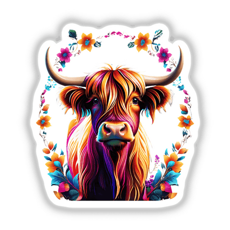 Colorful highland cow portrait with floral wreath, vibrant digital artwork, Decal Venue sticker design.