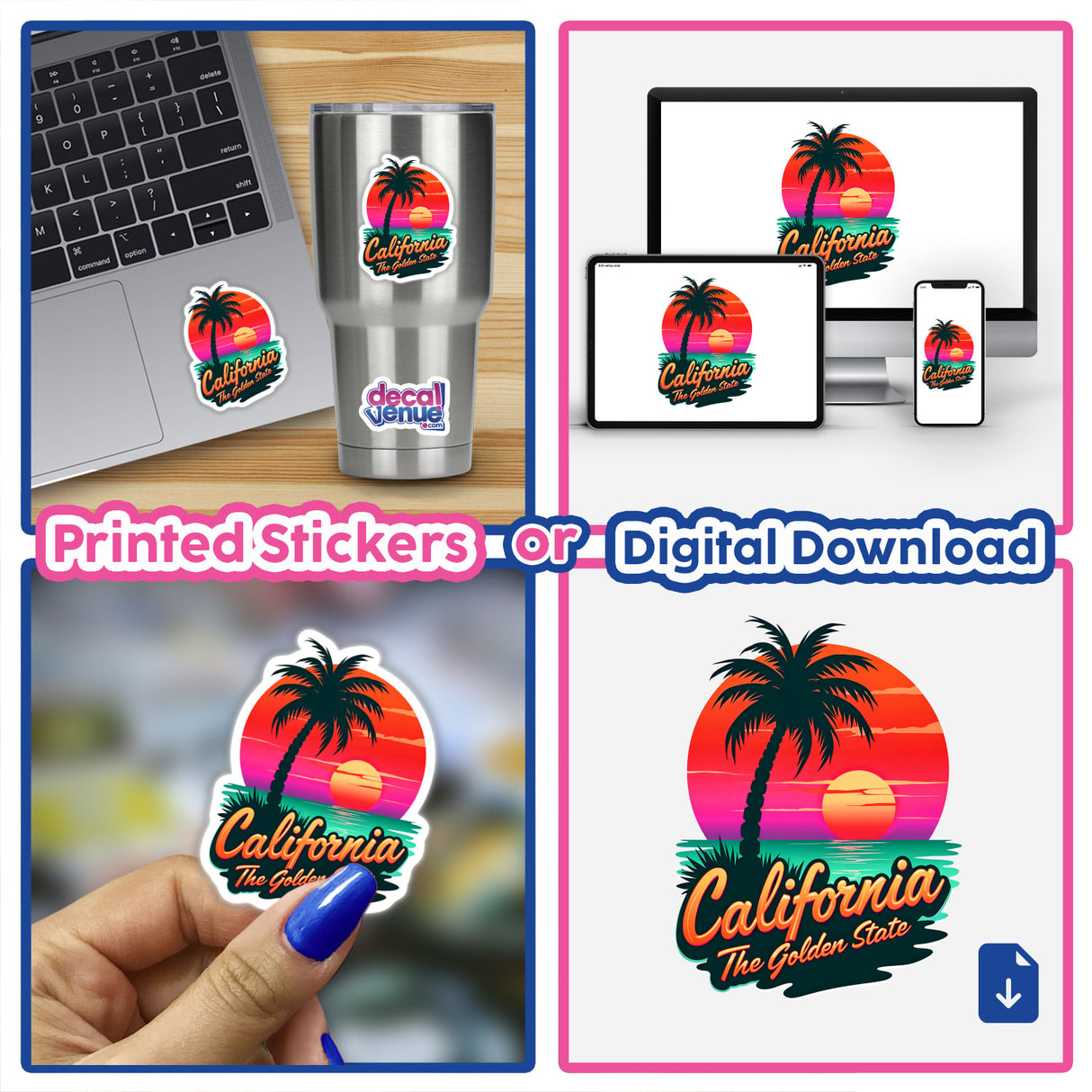 California The Golden State sticker featuring a palm tree design on a laptop and digital display, representing Decal Venue's unique collection of stickers and digital artwork.