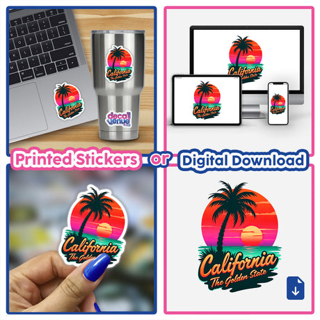 California The Golden State sticker featuring a palm tree design on a laptop and digital display, representing Decal Venue's unique collection of stickers and digital artwork.