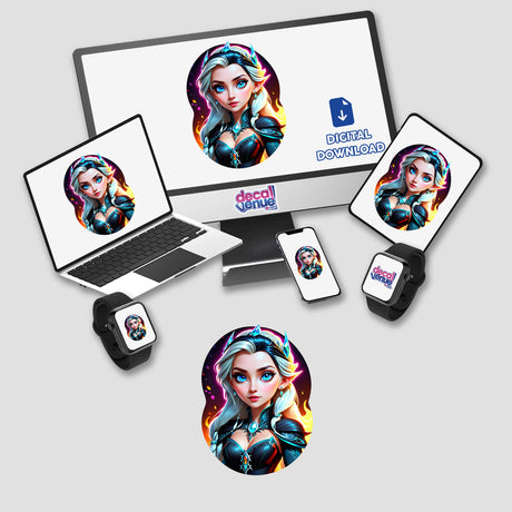 Anime girl resembling an evil queen displayed on a computer monitor and laptop. Offered as stickers or digital artwork from Decal Venue.