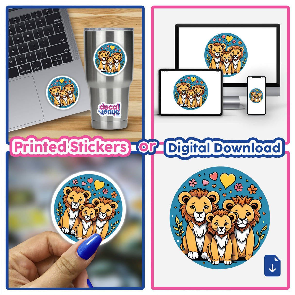 Colorful and whimsical digital artwork featuring a family of lions surrounded by hearts and floral elements, available as printed stickers or digital download from the Decal Venue store.