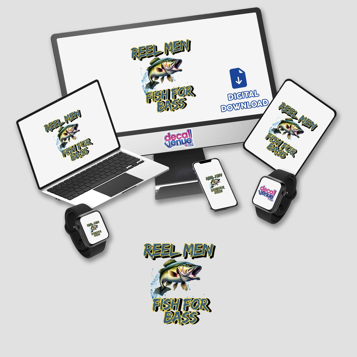 Bass fishing artwork displayed on a computer monitor and laptop, available as stickers or digital art.