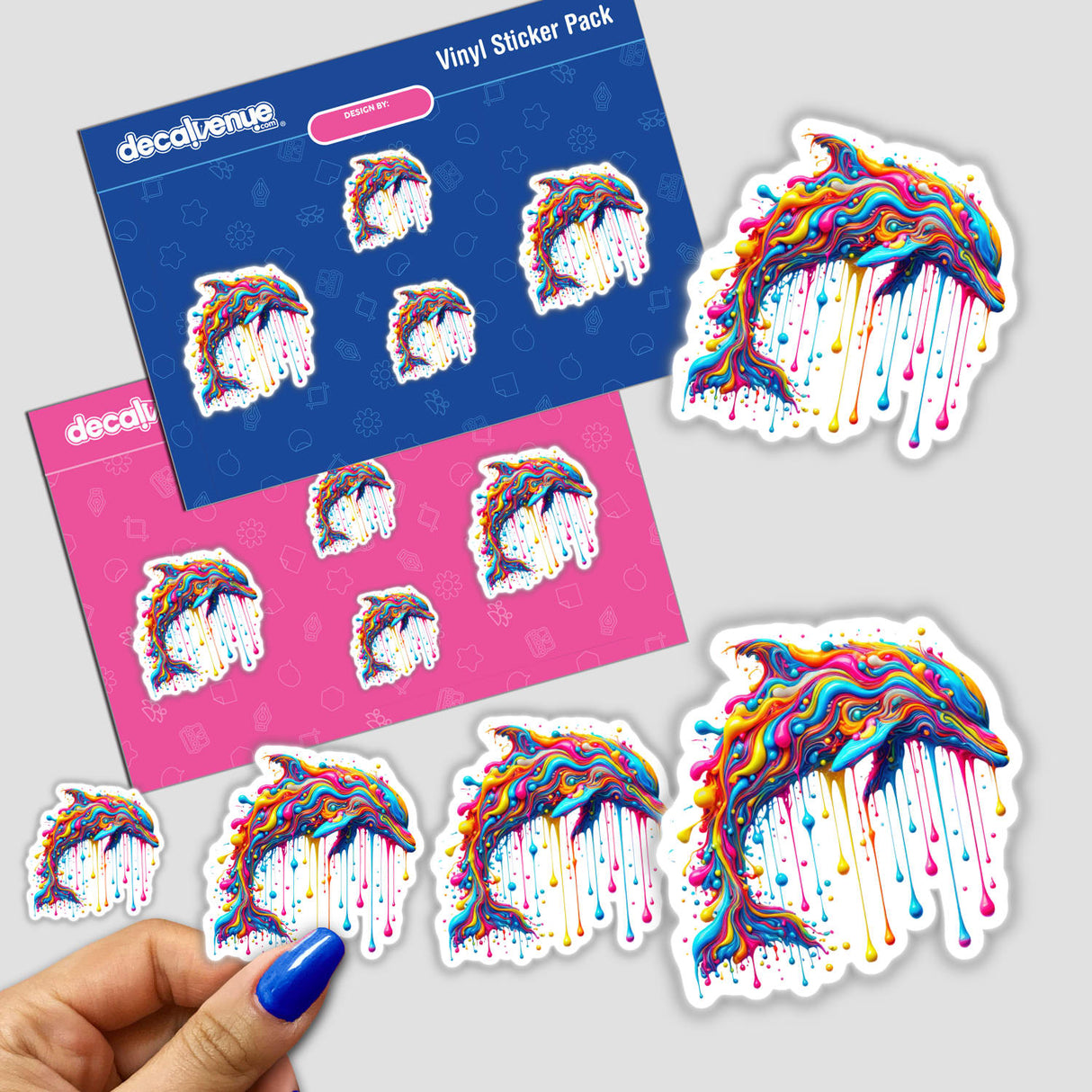 Dripping Rainbow Dolphin sticker pack featuring psychedelic fluid designs with vibrant colors, showcasing unique handmade cartoon dolphin art, available as stickers or digital artwork from Decal Venue.