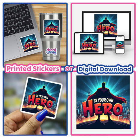 Be Your Own Hero Sticker - Motivational Clipart for Personal Growth displayed on a laptop, highlighting its empowering design and versatile application for personal development or digital art projects.