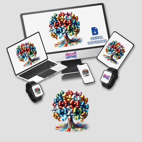 Vibrant digital tree bouquet displayed on various digital devices with the DecalVenue brand, showcasing the shop's unique sticker and art designs.