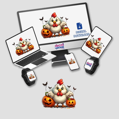 Halloween Chicken Trick or Treater sticker or digital art featuring a cartoon chicken holding a pumpkin basket, surrounded by pumpkins on a computer monitor and laptop screen.