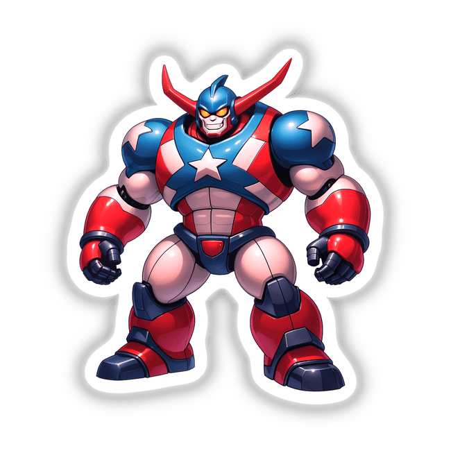 Cartoon depiction of A Cool American Flag Army Robot, available as stickers or digital artwork, showcasing a superhero robot character with a large mouth, red and blue body, and white star.