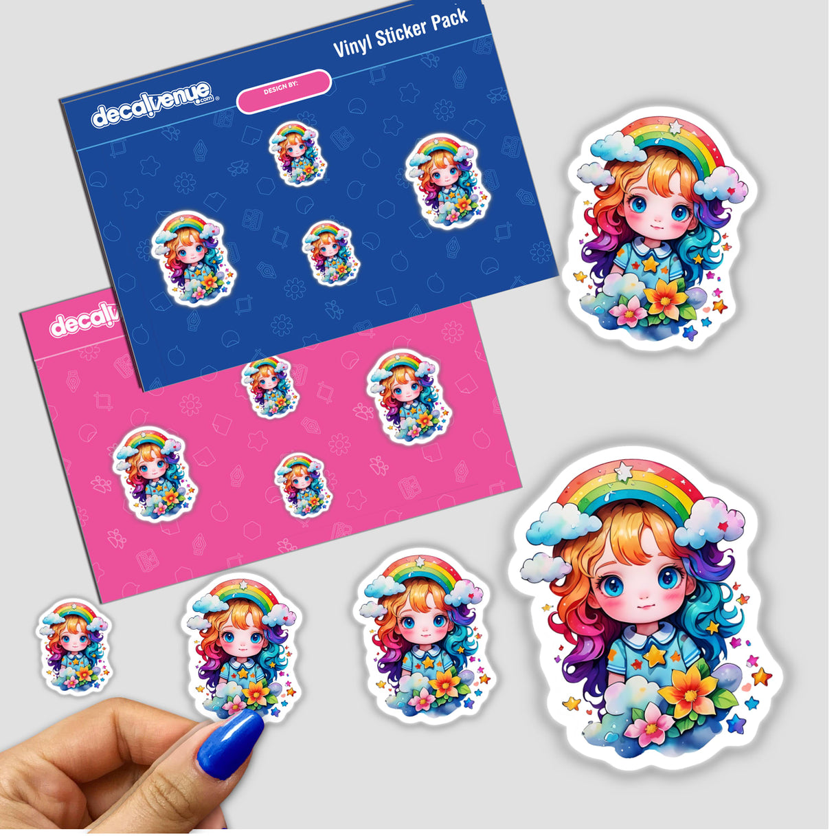 Rainbow & Stars Little Girl Sticker features a cartoon girl with rainbow hair and flowers, held by a hand. Available as stickers or digital artwork.