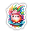 Cartoon of a cup titled Happy Tea Time: Vibrant Rainbow Floral featuring a rainbow and leaves, available as stickers or digital artwork.