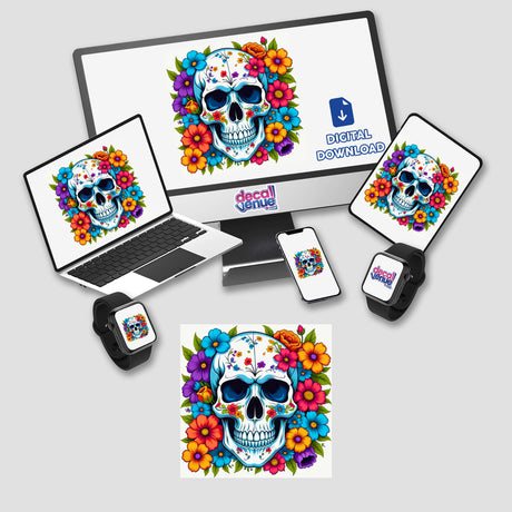 Pretty Skeletons digital artwork features a laptop, monitor, and smartwatches displaying skulls adorned with flowers, available as stickers or digital art from Decal Venue.