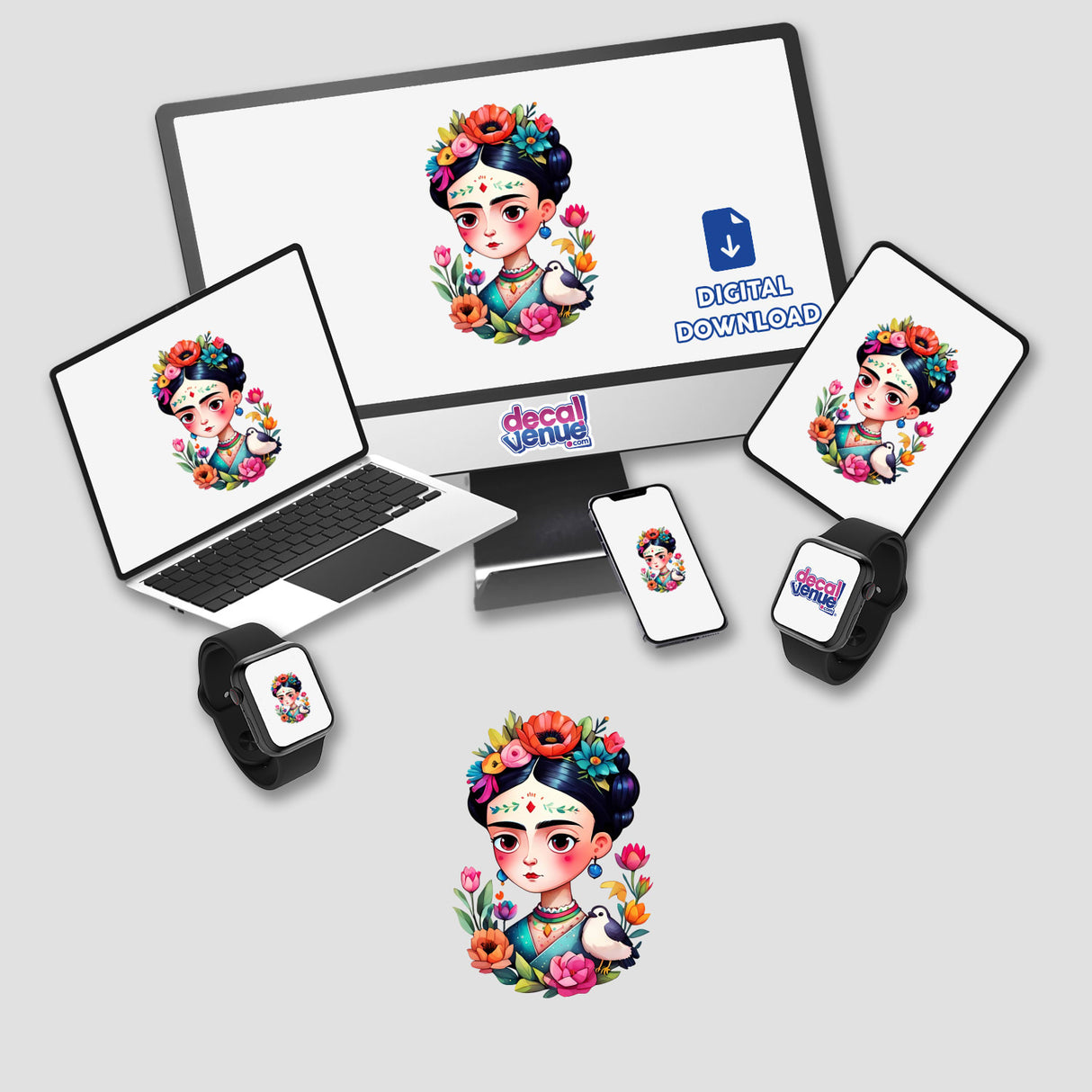 Frida-Inspired Floral Portrait Sticker - Vibrant Botanical Artistic Design displayed on various digital screens, showcasing a woman with flowers, available as stickers or digital artwork.