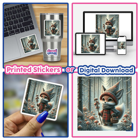 Foxy Forager: A collage featuring a cartoon fox character with a hat and scarf, holding a stick and basket, available as unique stickers or digital artwork from Decal Venue.