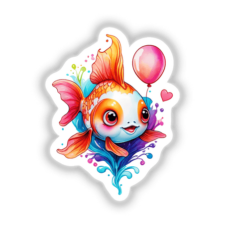 Balloon Goldfish: Cute Watercolor Vector Art Sticker featuring a cartoon goldfish holding a balloon, ideal for unique stickers and digital art enthusiasts.