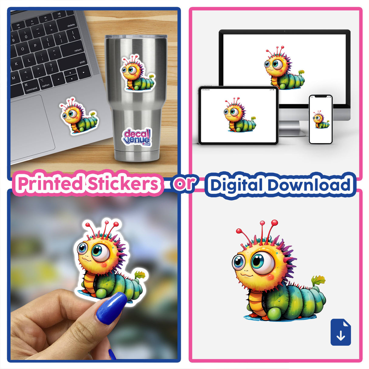 Quirky Caterpillar Cartoon Sticker features a fun, cute design of a colorful caterpillar on a laptop, perfect for adding charm to your devices. Available as stickers or digital artwork.