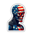 Sticker depicting a Cool American Flag Army Cyborg with a cartoon skull design featuring stars and stripes, blending patriotic themes with a futuristic twist.