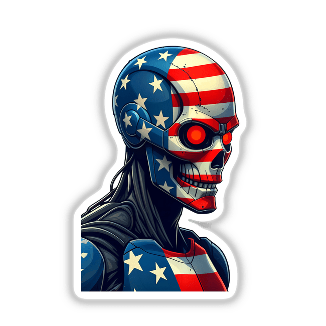 Sticker depicting a Cool American Flag Army Cyborg with a cartoon skull design featuring stars and stripes, blending patriotic themes with a futuristic twist.