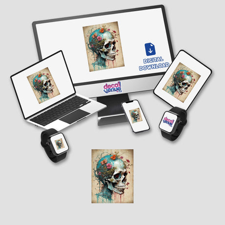 Computer monitor, laptop, and smart watch display Beautiful Bones artwork featuring a skull with flowers, available as stickers or digital artwork.