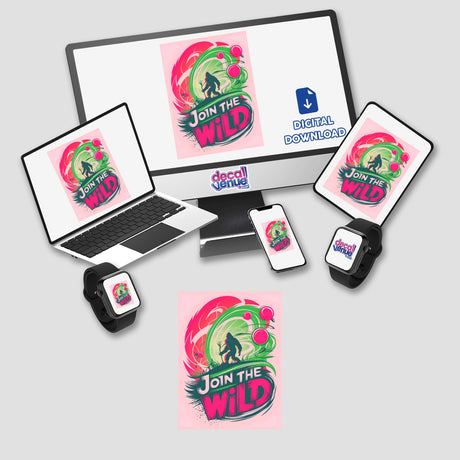 Join The Wild With Bigfoot: Illustration featuring a computer setup with Bigfoot-themed stickers and digital artwork, displaying images of gorillas and logos on various devices, available at Decal Venue.