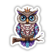 Regal Owl with Intricate Patterns and Crown on a Branch, available as stickers or digital artwork, showcasing a cartoon-style owl with a crown perched on a branch, ideal for unique decor.