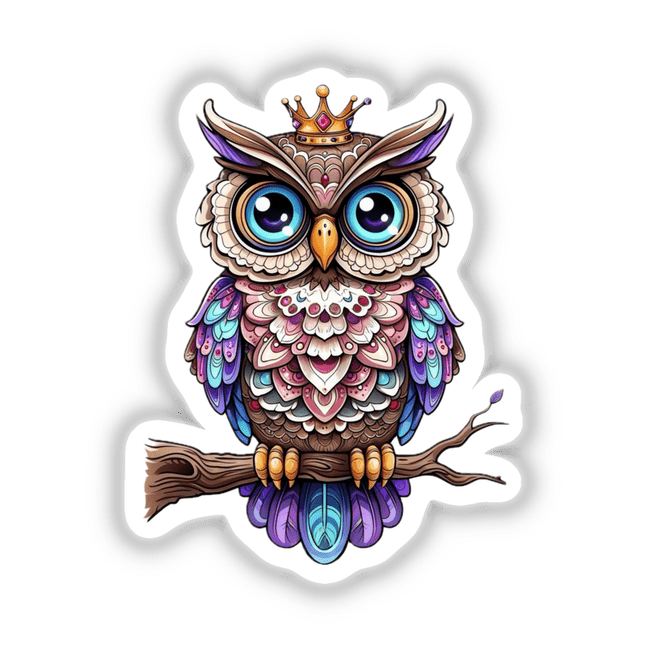 Regal Owl with Intricate Patterns and Crown on a Branch, available as stickers or digital artwork, showcasing a cartoon-style owl with a crown perched on a branch, ideal for unique decor.