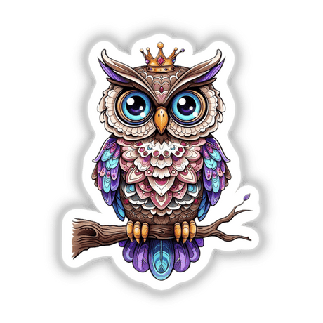 Regal Owl with Intricate Patterns and Crown on a Branch, available as stickers or digital artwork, showcasing a cartoon-style owl with a crown perched on a branch, ideal for unique decor.