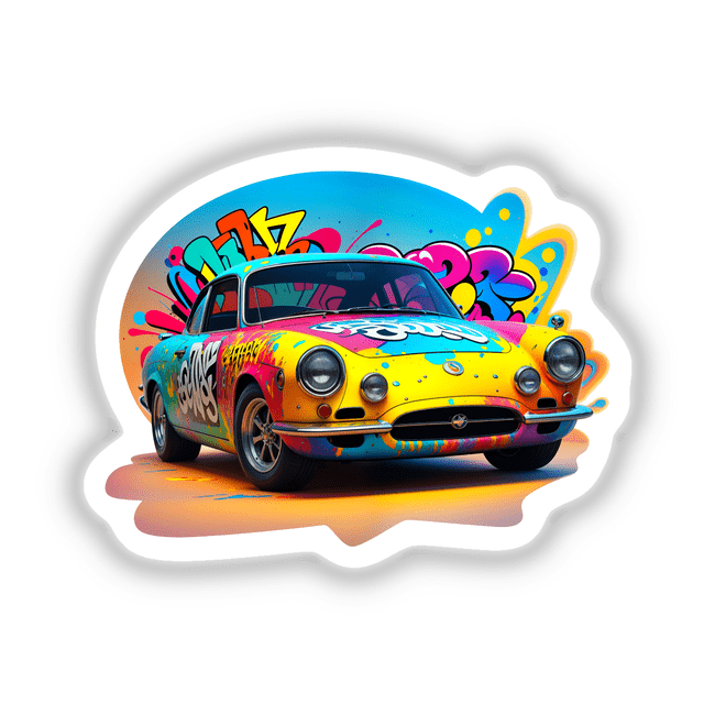 A Classic Graffiti Car featuring vibrant graffiti art on its side, showcasing unique design elements available as stickers or digital artwork. Ideal for enthusiasts of artistic and custom car illustrations.