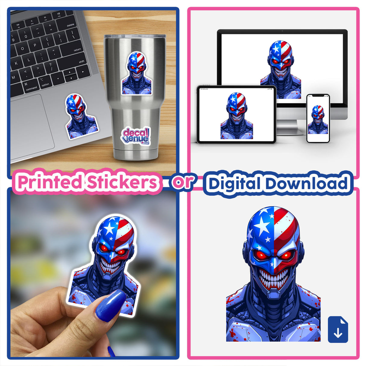 Collage featuring A Cool American Flag Army Cyborg sticker, depicting a cyborg with an American flag design, showcased on a laptop and held by a person.