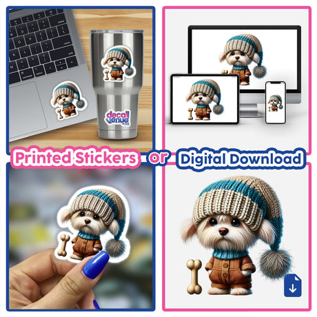 Whimsical Maltese Gnome with Dog Bone - Charming digital artwork featuring an adorable Maltese dog dressed as a gnome, holding a bone, showcased on various digital devices and as a printed sticker.