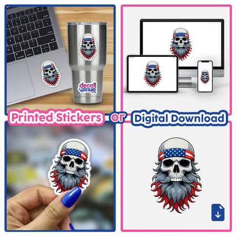 Collage featuring A Cool Skull With An American Flag Bandana available as stickers or digital artwork. Includes a laptop and phone displaying the design, showcasing Decal Venue's unique style.