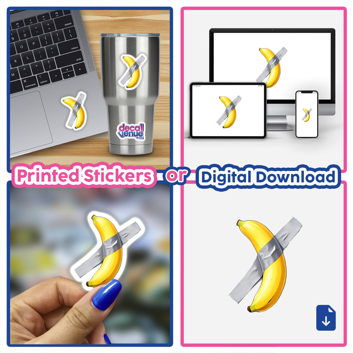 Funny Banana Taped Art stickers and digital download, featuring a banana with duct tape design on various surfaces like laptops and cups, reflecting Decal Venue's unique art style.