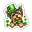 St Patricks Day Irish Yorkie Dog wearing a festive hat and bow tie, available as unique vinyl stickers or digital artwork from Decal Venue.