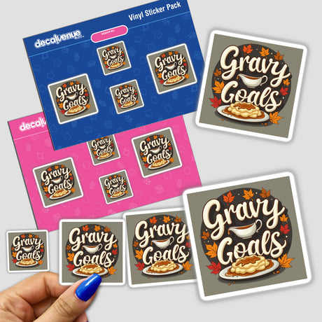 Gravy Goals Thanksgiving Sticker & Clipart pack held in hand, featuring a graphic of a gravy boat and food. Available as stickers or digital artwork with commercial rights.