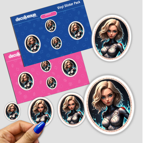 Sticker pack featuring multiple illustrations of a cute anime superhero girl in various poses. Available as stickers or digital artwork from Decal Venue.