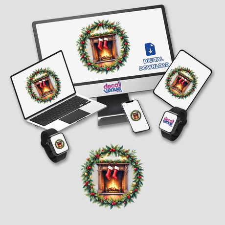 Cozy Fireplace with Stockings in a Christmas Wreath displayed on a computer monitor and laptop, available as stickers or digital artwork from Decal Venue, emphasizing festive digital decor.