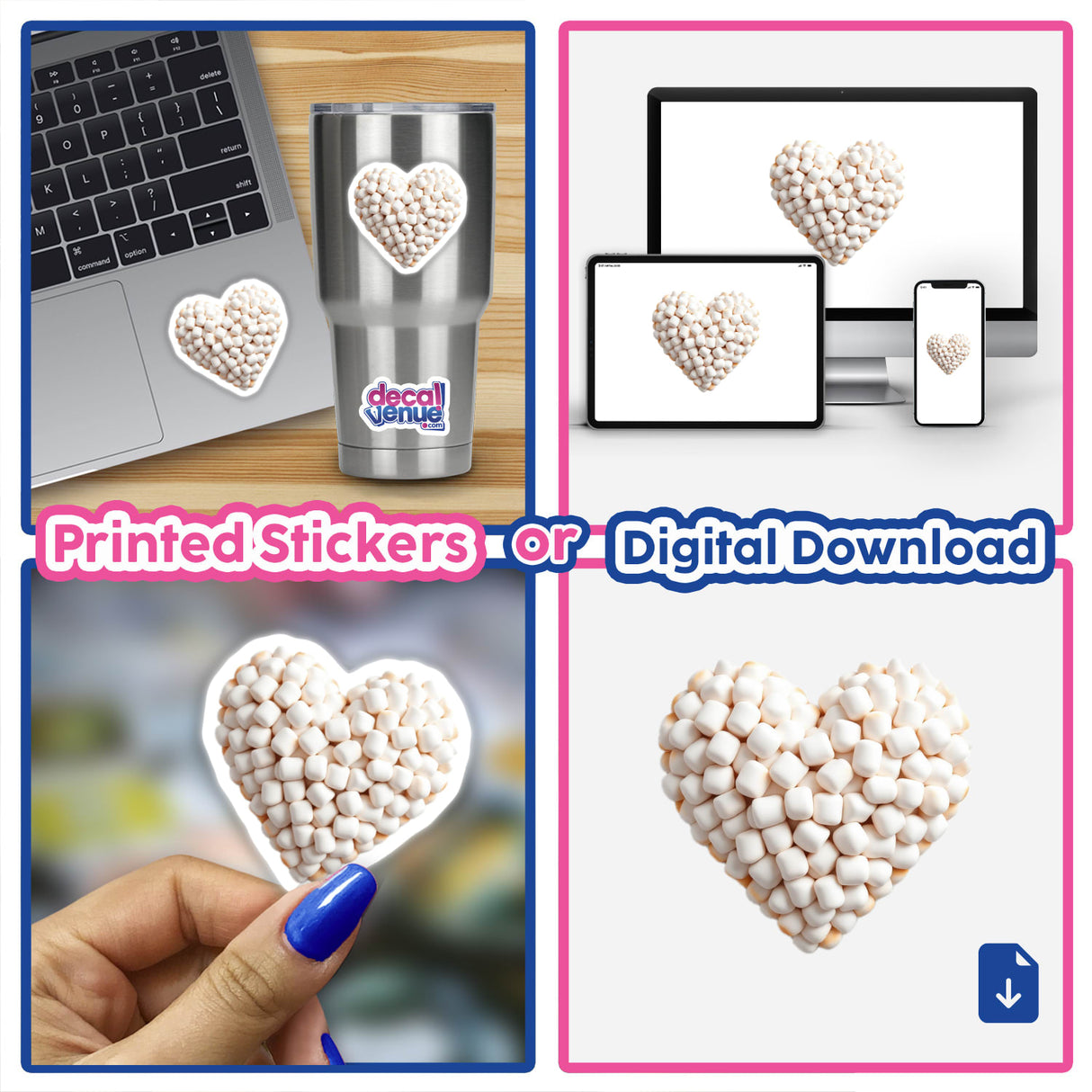 Marshmallow Heart product featuring a collage of heart-shaped marshmallows and a digital artwork design, available as unique stickers or digital downloads from Decal Venue.