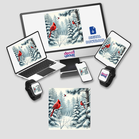 Winter Wonderland - Forest of Snowy Pines and Red Cardinals displayed on a computer and laptop, featuring detailed digital artwork of red birds perched on branches. Available as stickers or digital art.