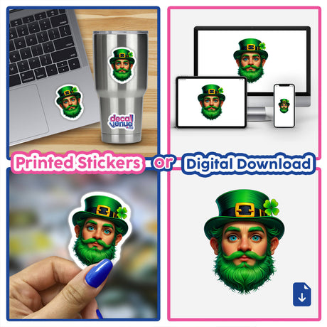 Collage featuring St. Patrick's Day Leprechaun stickers and digital artwork, including a green-bearded man and themed laptop, offered by Decal Venue for festive decoration.