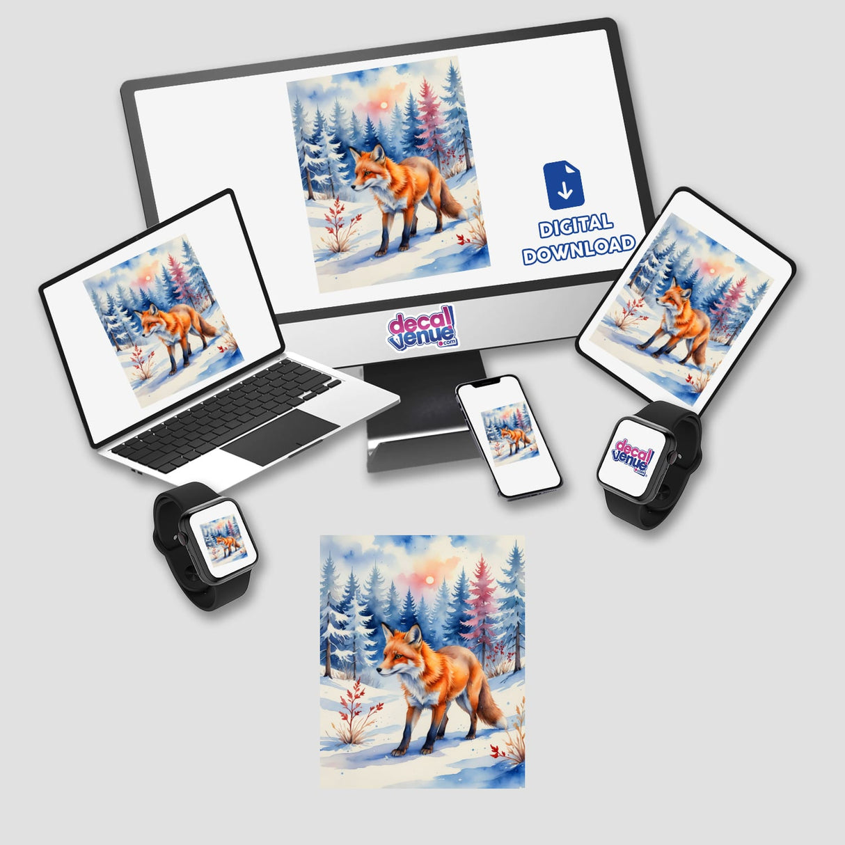 A Red Fox In A Winter Forest displayed on a laptop screen, available as unique stickers or digital art from Decal Venue.