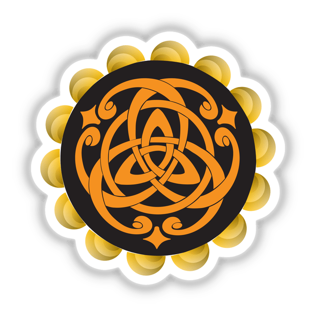 Ornate Celtic ring flower design digital artwork featuring intricate orange and black patterns on a scalloped yellow background.