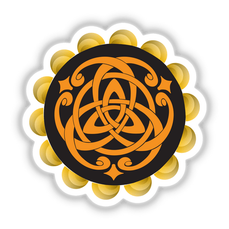 Ornate Celtic ring flower design digital artwork featuring intricate orange and black patterns on a scalloped yellow background.