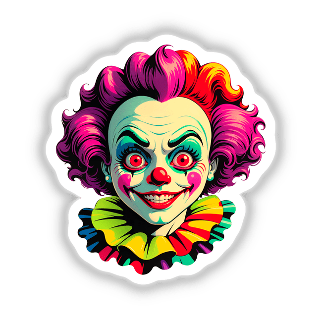 A Crazy Clown Girl: cartoon clown with pink hair, red eyes, and a colorful face. Available as stickers or digital artwork from Decal Venue, known for unique designs.