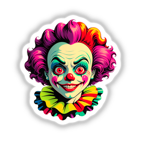 A Crazy Clown Girl: cartoon clown with pink hair, red eyes, and a colorful face. Available as stickers or digital artwork from Decal Venue, known for unique designs.