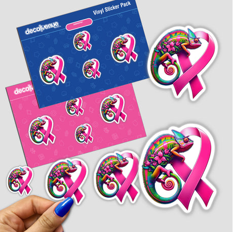 Chameleon Pink Ribbon Breast Cancer Awareness sticker pack featuring a cartoon chameleon intertwined with a pink ribbon, available as stickers or digital artwork.