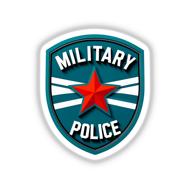 Military Police Shield Logo featuring a red star and text emblems, available as stickers or digital artwork. Ideal for those seeking unique graphic designs from Decal Venue.