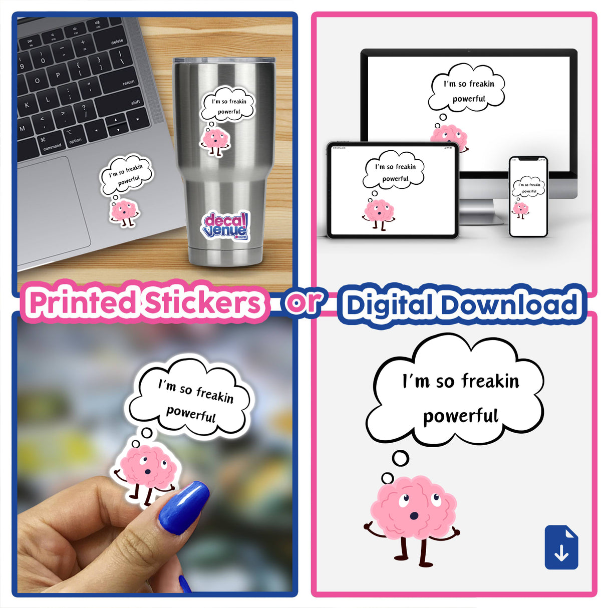 Collage featuring Powerful Brain stickers and digital artwork, showcasing a cartoon brain with arms, a thought bubble, and various digital elements, emphasizing creativity and unique design.