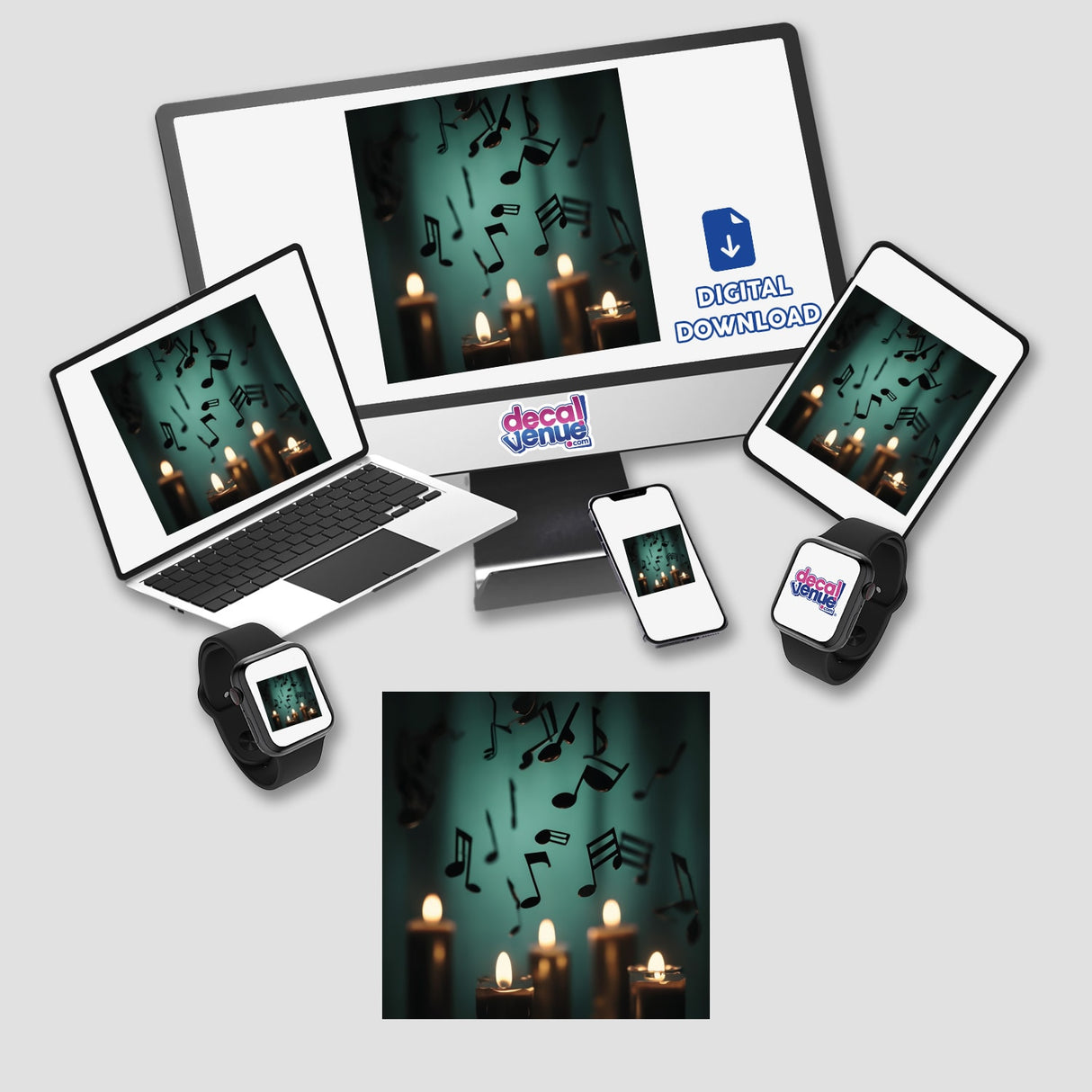 Musical Notes on Candlelight | Dark Academia Sticker displayed on a laptop and phone screens, featuring music notes. Perfect for those who appreciate unique stickers and digital art.