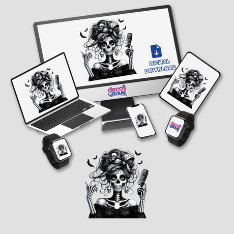 Skeleton Zombie Mama Spooky Hairdresser artwork displayed on various devices, showcasing a skeleton holding a comb. Available as unique stickers or digital artwork from Decal Venue.